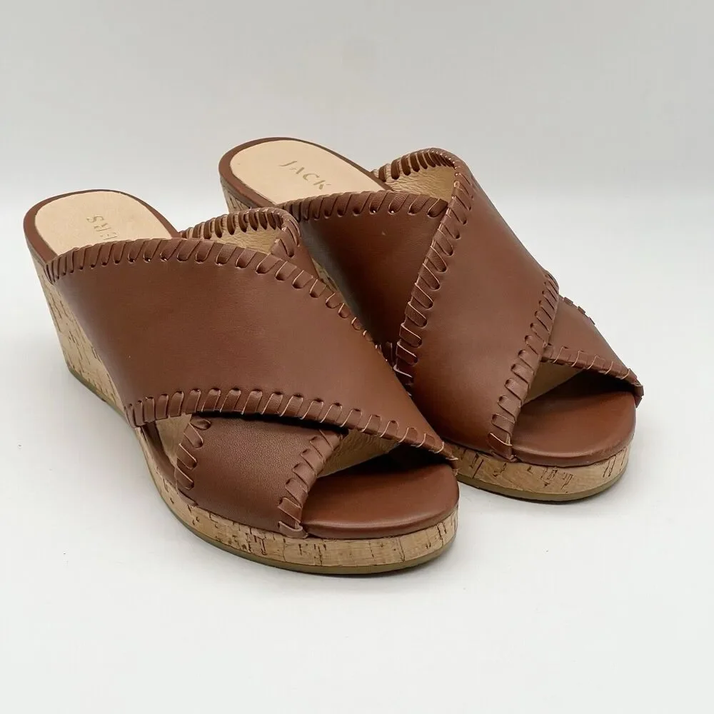 JACK ROGERS Sloane Criss Cross Mocha Leather Cork Wedge Sandals Women’s 6.5